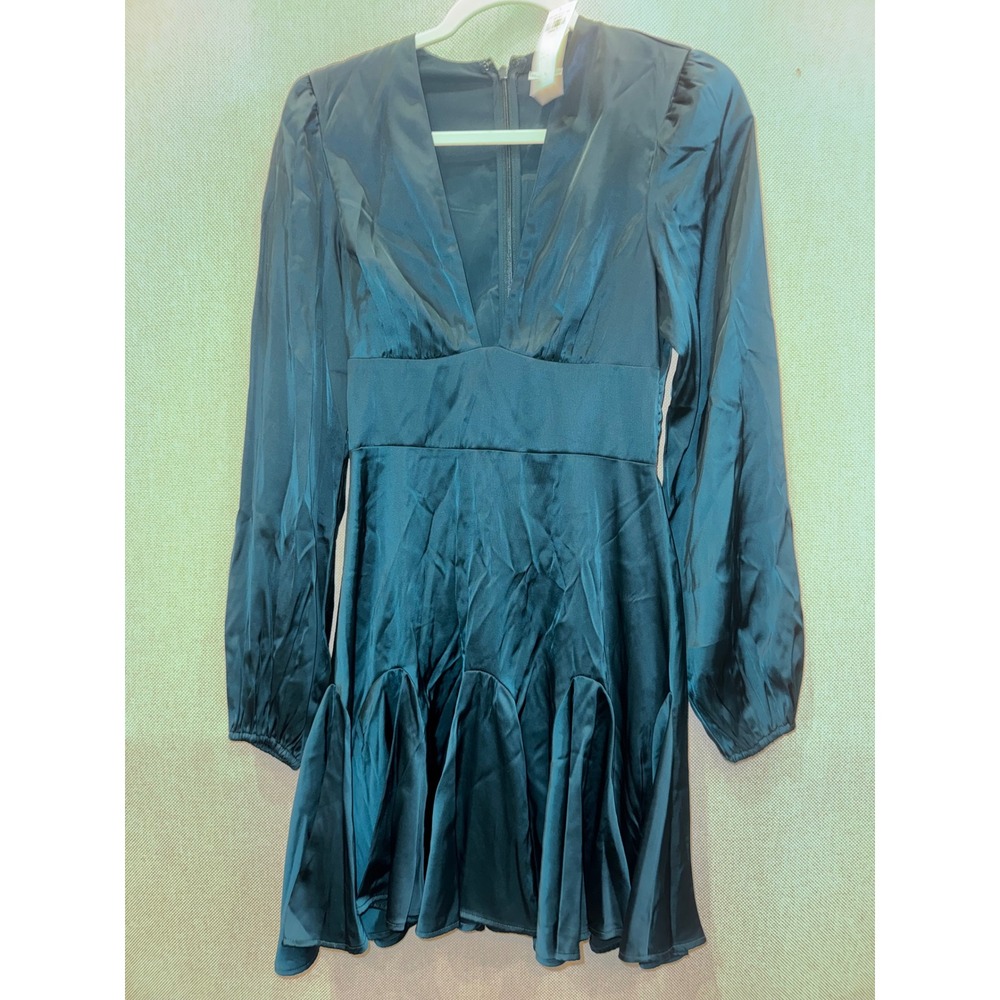 Abercrombie&Fitch Teal Satin Plunge V-Neck Mini Dress Long Sleeve Small  Tall